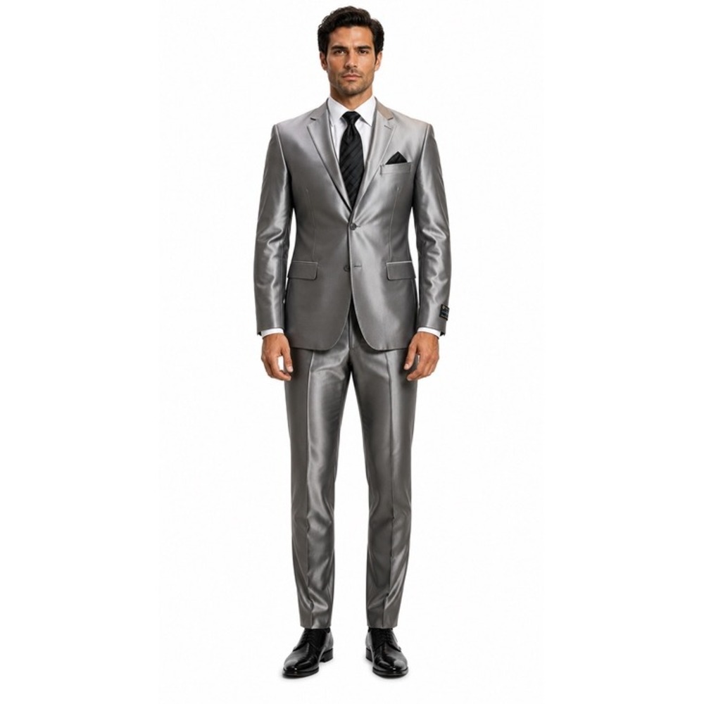 Gianni Uomo Gold Label Super 140s Men Metallic Silver 2 Piece Suit 38W 29L